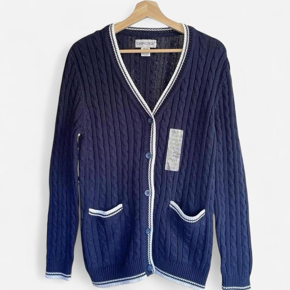 Cabin Creek Navy Blue & White Cotton Knit Ribbed V-Neck Cardigan M - Picture 3 of 6